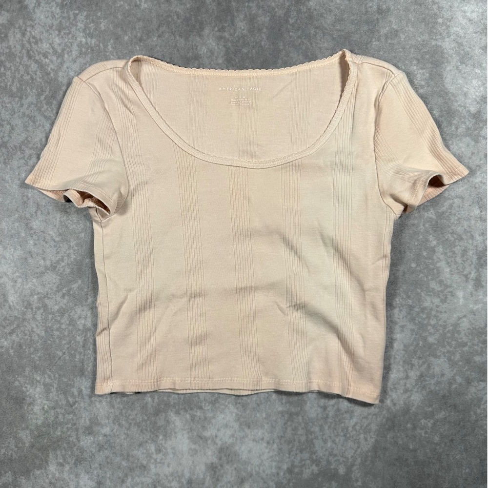 American Eagle Peach Pink Ribbed Scoop Neck Scallop Trim Baby Tee Women M Y2K
